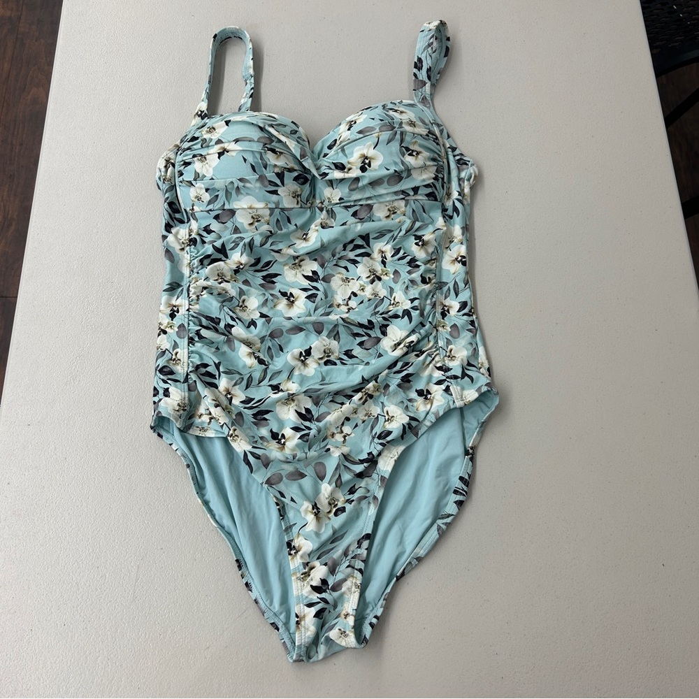 Floral Light Blue One-Piece Swimsuit with Supportive Cups